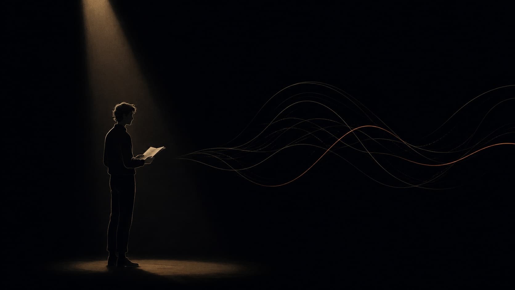 Comédien seul sous un projecteur lisant son texte, des ondes sonores évoquant un partenaire de jeu invisible — répéter une scène sans partenaire.
